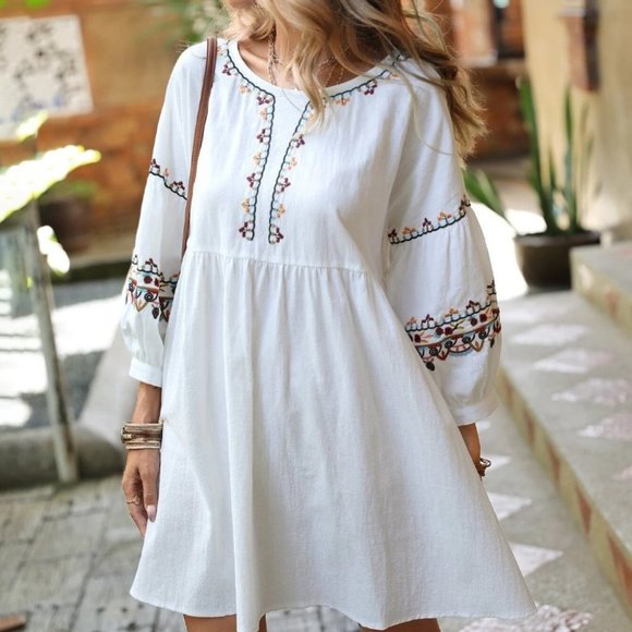 Boho Shabby Chic Embroidery Lantern Sleeve Smock Dress - Picture 2 of 5